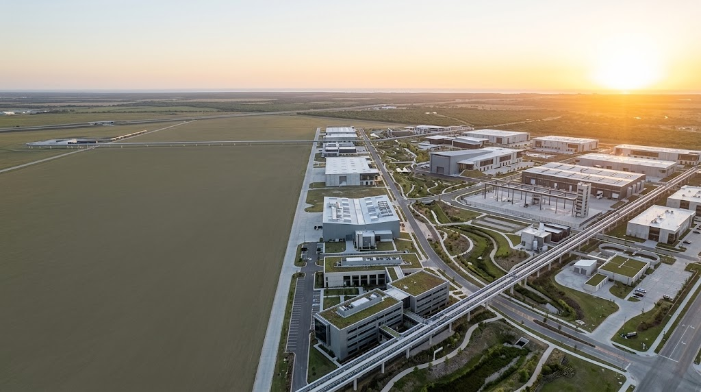 Aerial view of the ICSD campus at sunset