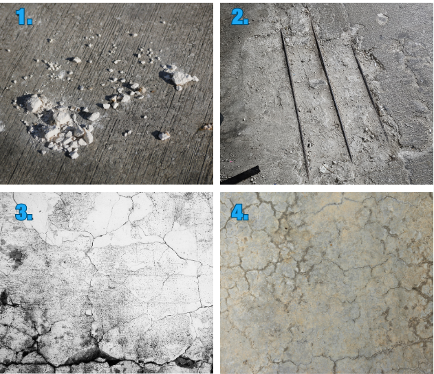 Four-panel grid showing concrete deterioration: foreign object debris, spalling, D-cracking, and alkali–silica reaction map cracking